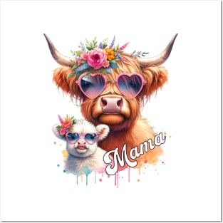 Mama Highland Cow Baby Calf Floral Mothers Day Mom Adorable Posters and Art